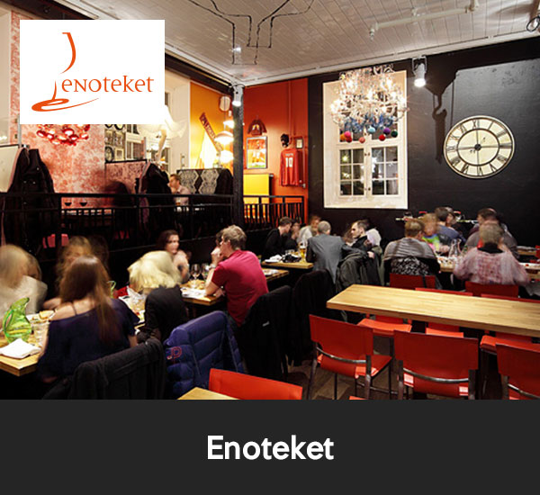 Gäster som äter och umgås i restaurangmiljö med röd inredning hos Enoteket