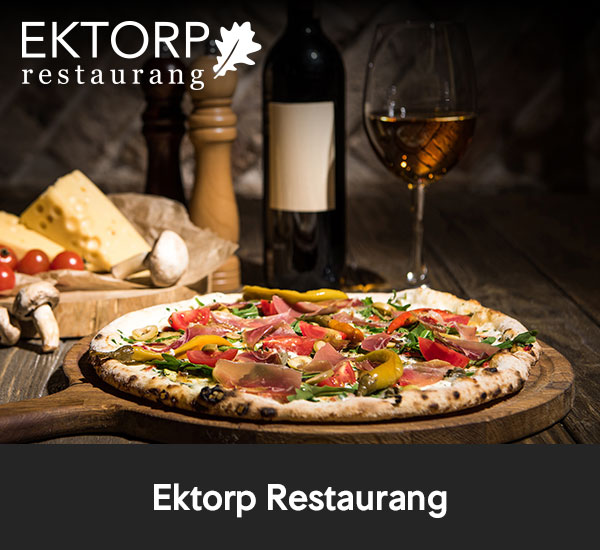 Pizza med lufttorkad skinka, paprika och ruccola samt vin på Ektorp Restaurang